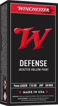 Winchester Ammo USA9JHP 9mm 115 Grain Jacketed Hollow Point for Personal Defense, 50 Rounds