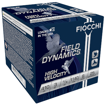 Fiocchi High Velocity .410 Gauge Hunting Shotshells – 3 Inch, 11/16 Ounce, 8 Shot, 25 Rounds per Box