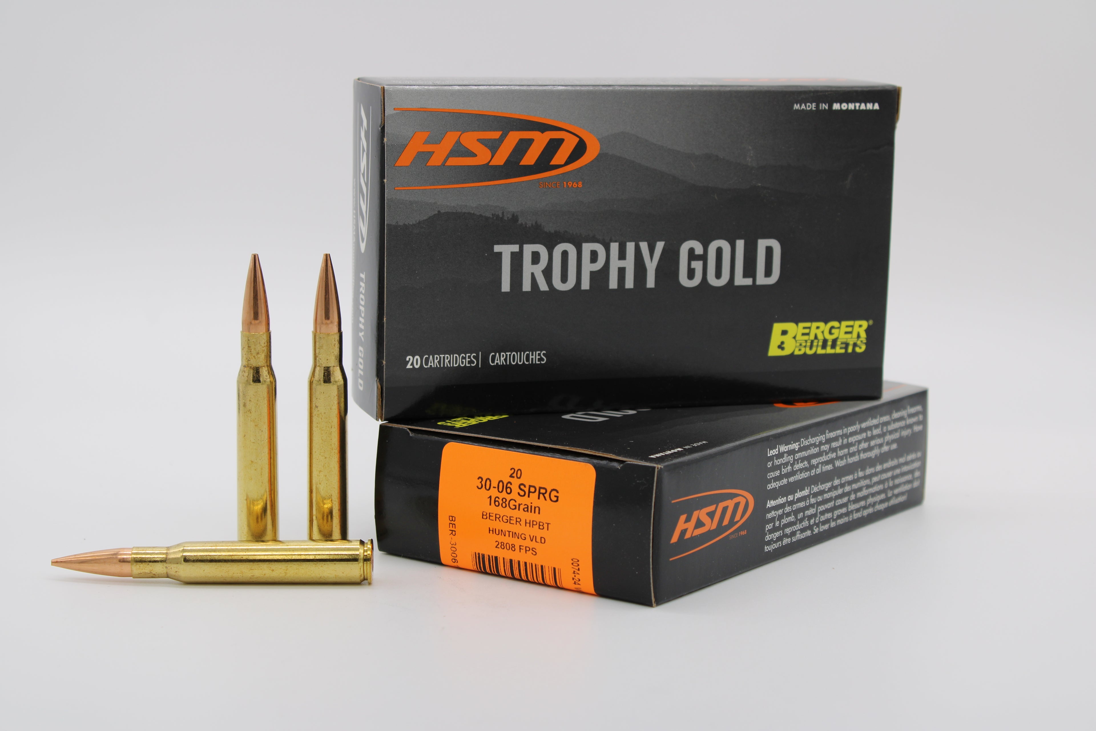 HSM 30-06 Springfield Ammunition with Berger Hunting VLD Match Bullet - 168 Grain, 20 Rounds per Box, 20 Boxes per Case