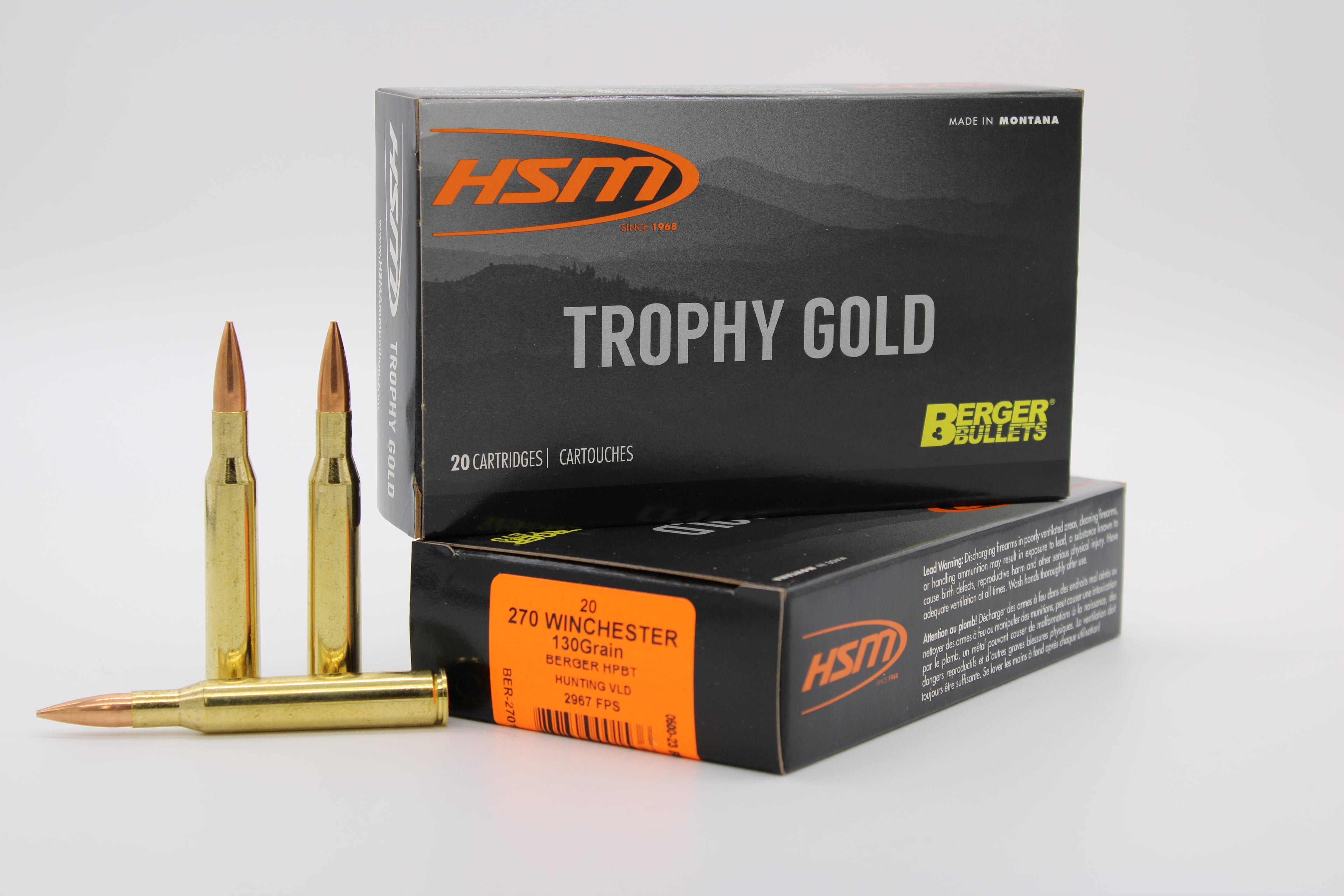 HSM .270 Winchester Ammunition 130-Grain Berger VLD Match — 20 Rounds Per Box, 20 Boxes Per Case