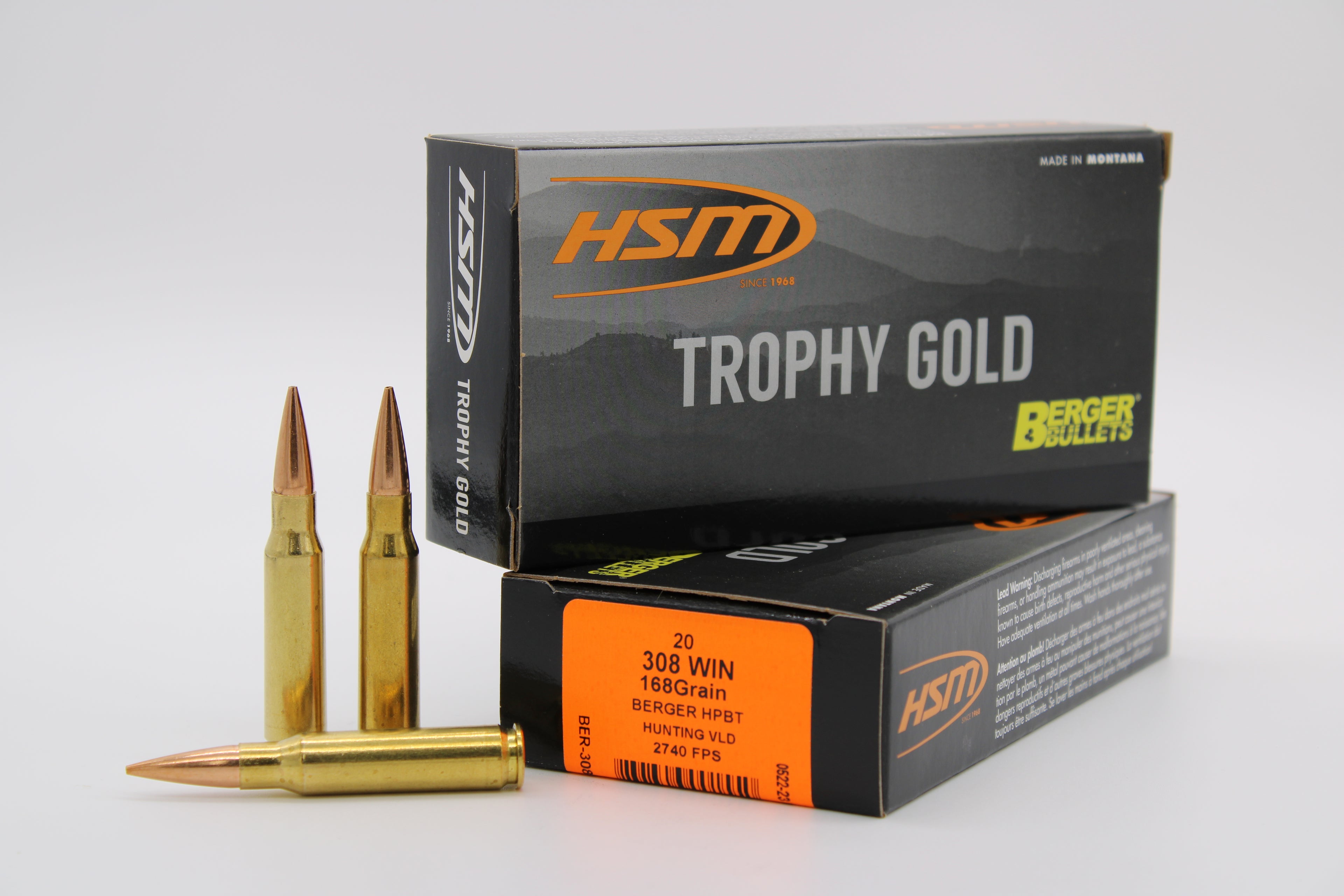 HSM .308 Winchester Berger Hunting VLD Match 168 Grain Ammunition - 20 Rounds per Box, 25 Boxes per Case