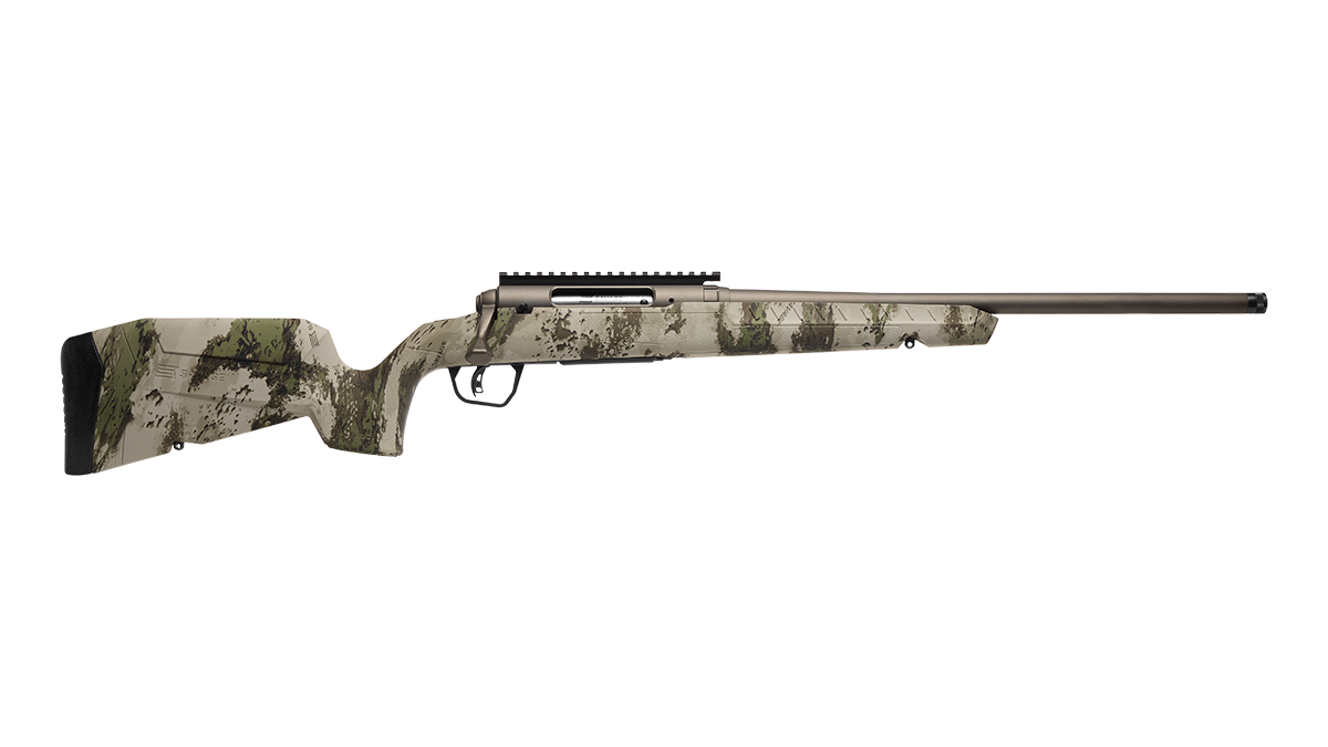 Savage Pro Compact Series 6.5 Creedmoor Bolt Action Rifle with Woodland Camo Finish and Gun Metal Bronze Cerakote Accents