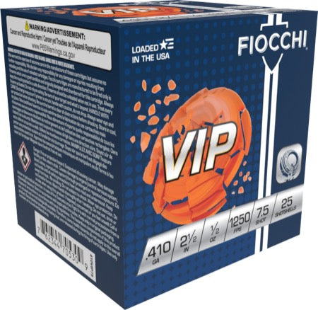 Fiocchi VIP 410 Gauge Shotshells – 2.5 Inch, 1/2 Ounce, 7.5 Shot Size, 1250 FPS – 25 Rounds per Box