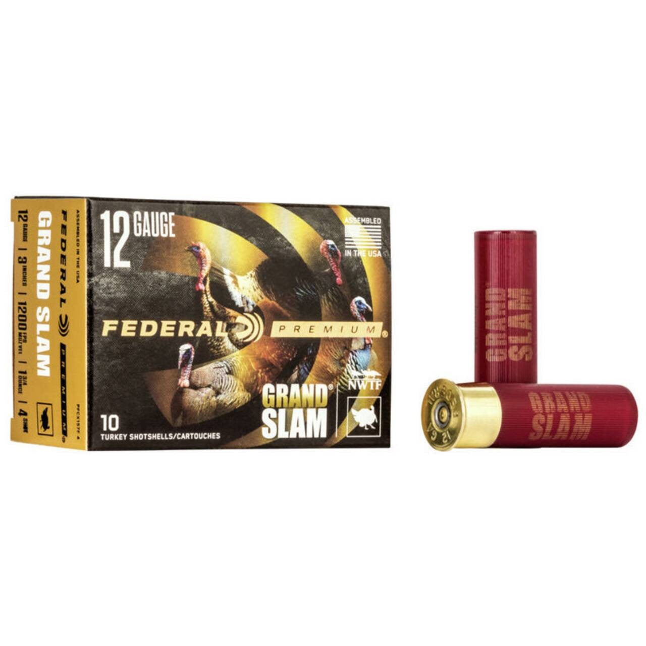 Federal Grand Slam 12 Gauge 3" Shotshells with Copper-Plated Lead, 1 3/4 oz, 4 Shot Size, 1200 FPS, 10 Rounds per Pack