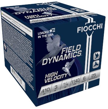 Fiocchi Upland 410 Gauge High Velocity Shotshells, 3 Inch, 6 Shot, 11/16 Oz, 25 Rounds per Box
