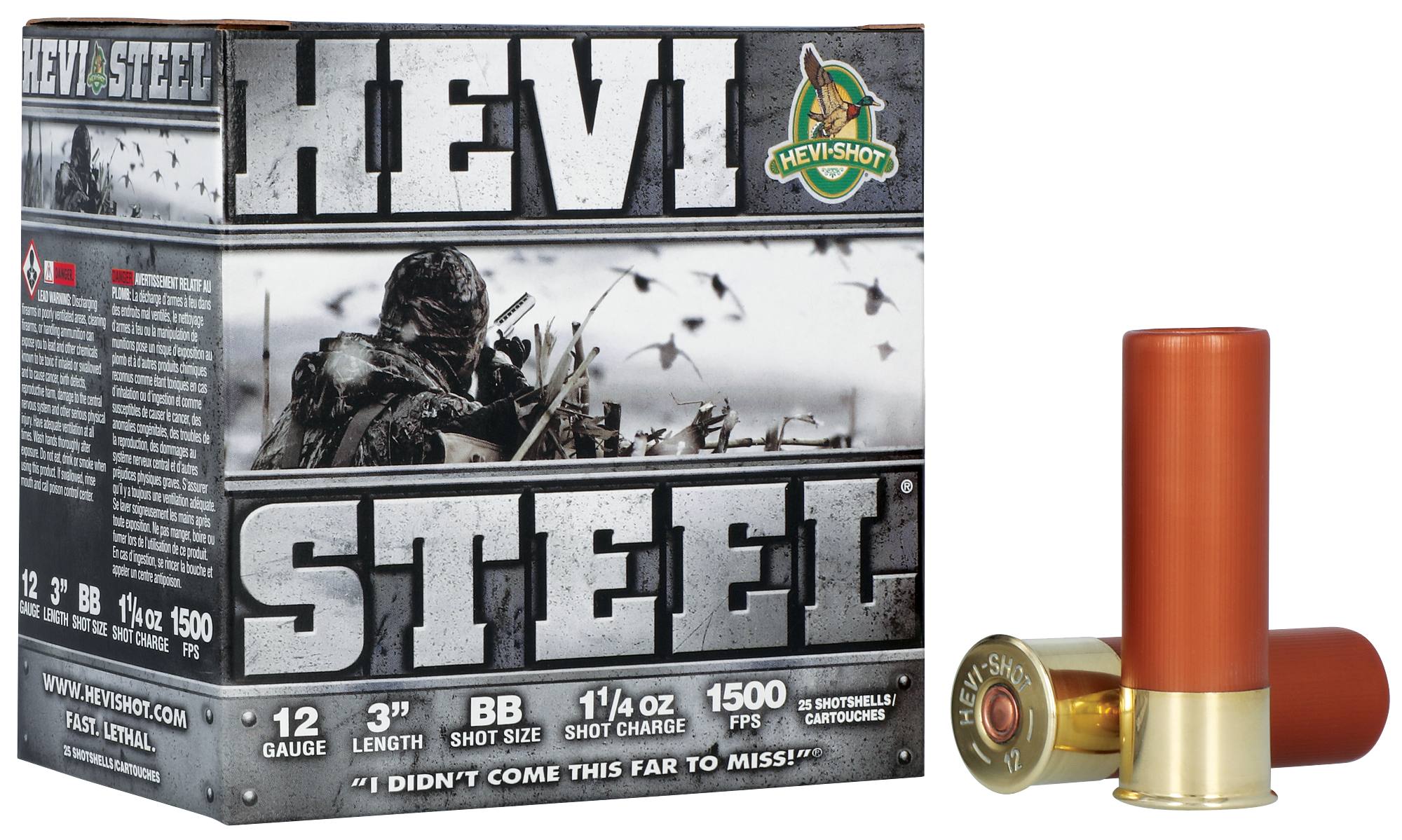 Hevi Shot Hevi-Steel 12 Gauge 3-Inch Waterfowl Steel Shotgun Shells - BB Size, 1-1/4 Ounce, 1500 FPS, 25 Rounds per Box