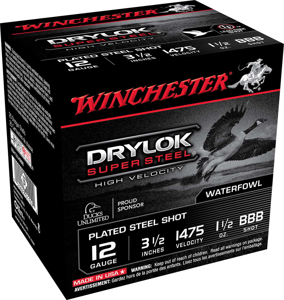 Winchester Ammo Drylok Super Steel 12 Gauge Waterfowl Hunting Shells, High Velocity BB Shot, 1-1/2 Oz, 25 Rounds per Box