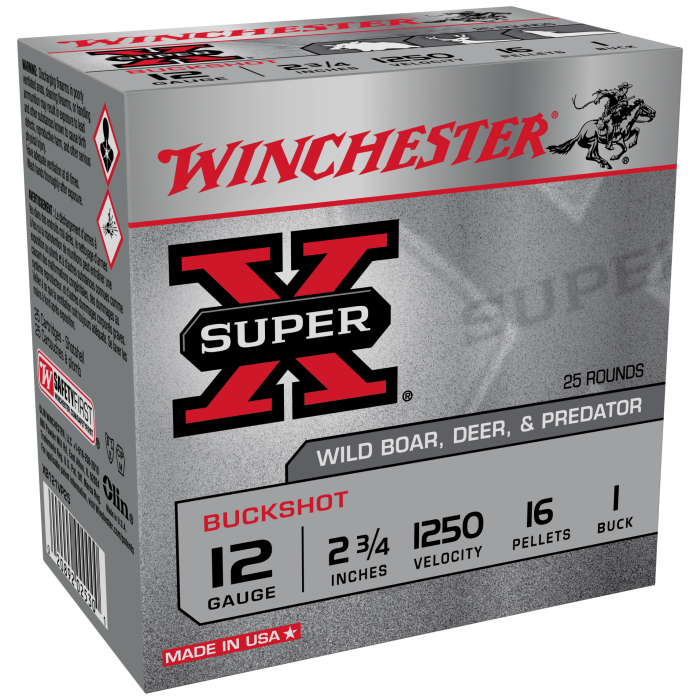 Winchester Ammo Super X 12 Gauge 2-3/4 inch Buckshot, 1 Buck, 25 Rounds per Box
