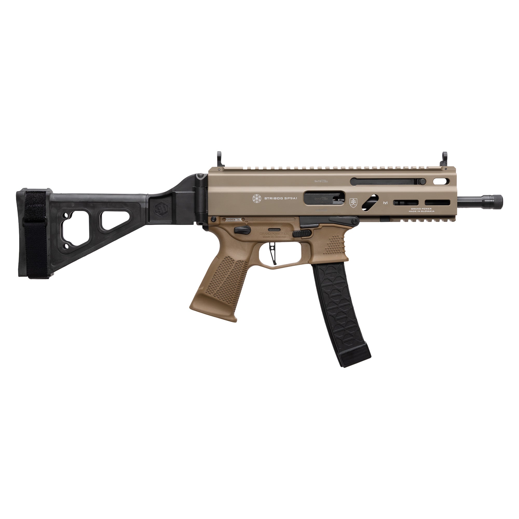 Grand Power Stribog SP9A1 9mm Pistol with 8-Inch Threaded Barrel and FDE Finish