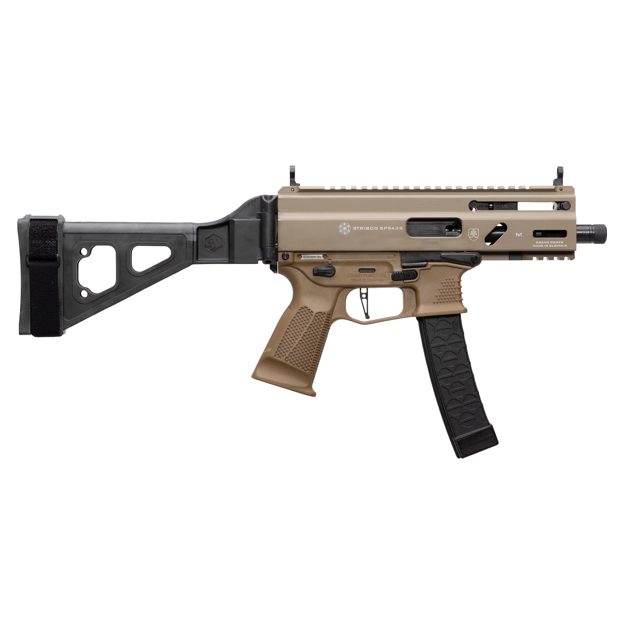 Grand Power Stribog SP9A3S 9mm Pistol with 4-Inch Threaded Barrel and FDE Finish