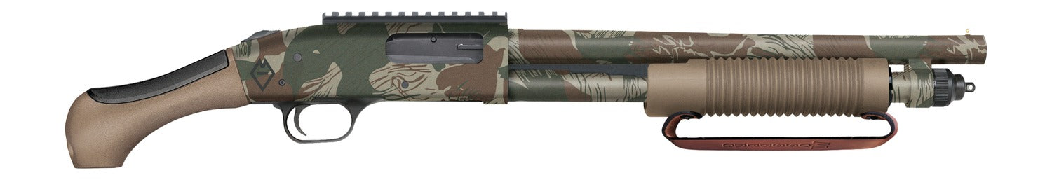 Mossberg 590 Security 12 Gauge Pump-Action Shotgun with Rhodesian Brushstroke Camo Finish and AfterShock FDE Grip
