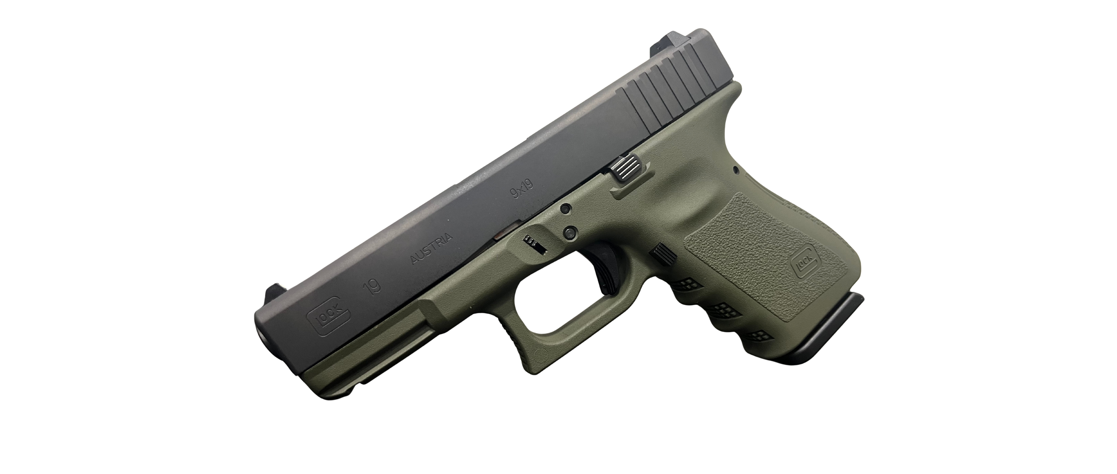 Glock G19 Gen 3 9mm Pistol with OD Green Frame – 4.01 Inch Fixed Barrel, 5.5 lb Trigger, Includes Two 15-Round Magazines