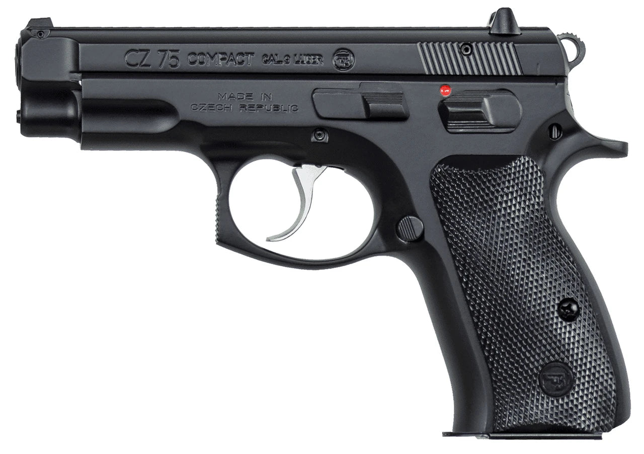 CZ 75 Compact 9mm Pistol with Fixed Sights and Manual Safety - Black Polycoat Finish, Includes 2 Magazines