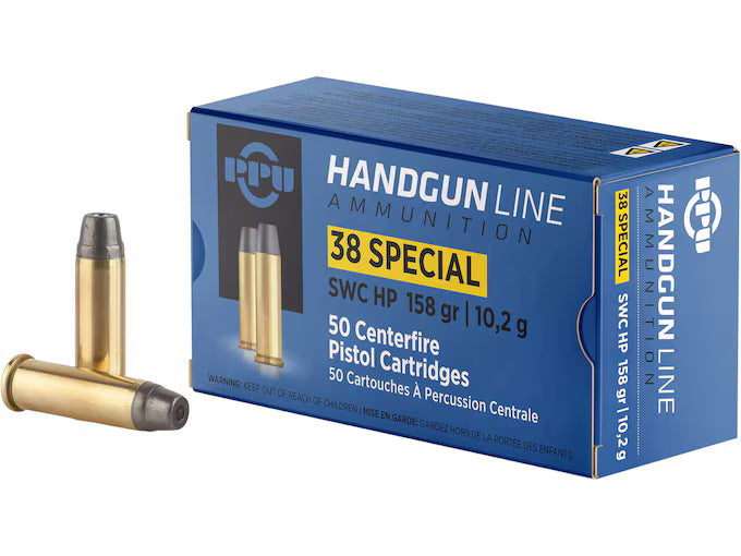 PPU .38 Special SWC HP 158 Grain Ammunition – 50 Rounds per Box, 10 Boxes per Case