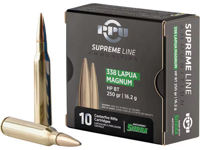 PPU .338 Lapua Magnum SupR HPBT 250 Grain Ammunition – 10 Rounds per Box, 20 Boxes per Case