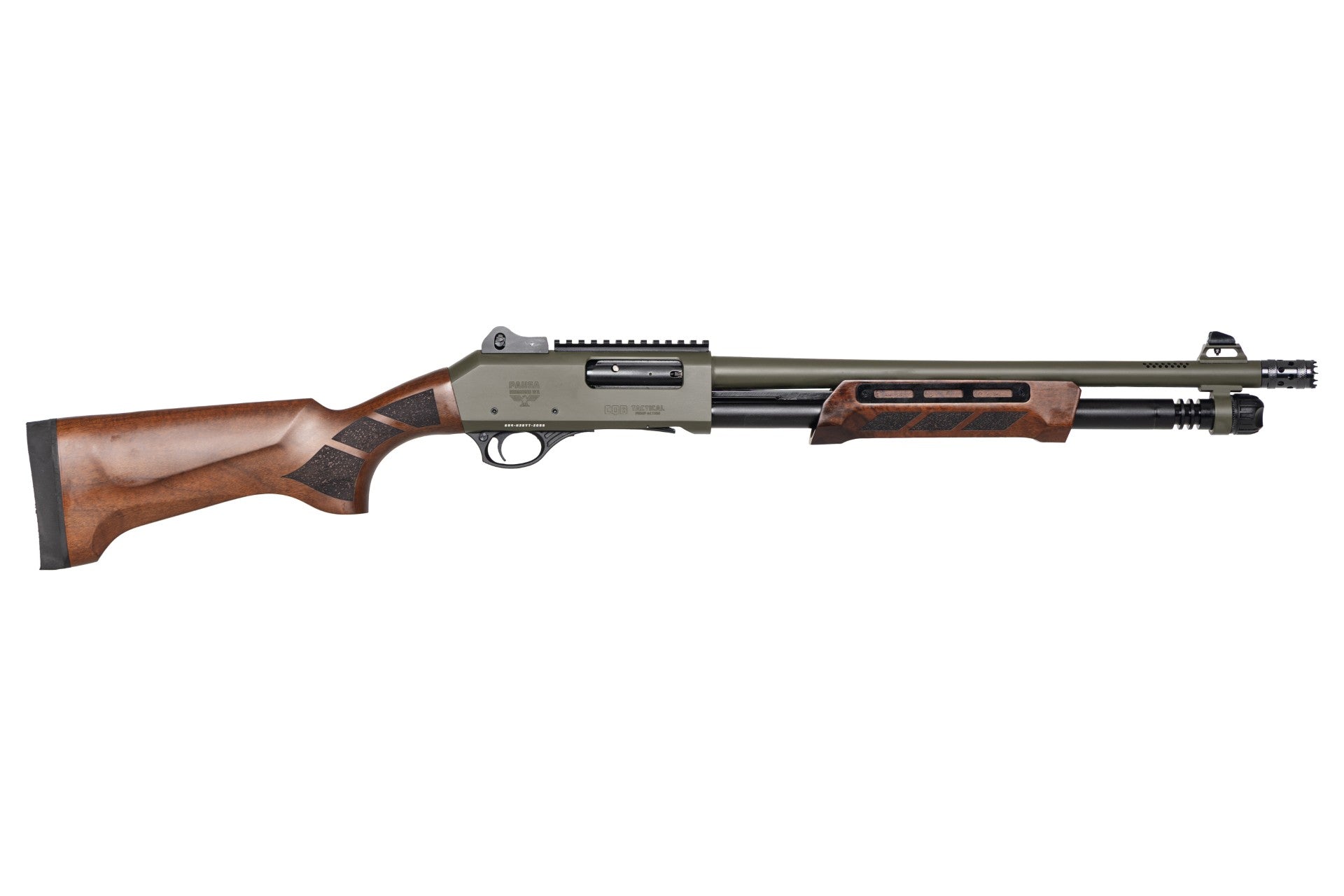 Panzer Arms CQB Pump 12 Gauge Shotgun with 18.5 Inch Barrel in OD Green and Walnut – M-LOK Side Saddle and Door Breecher
