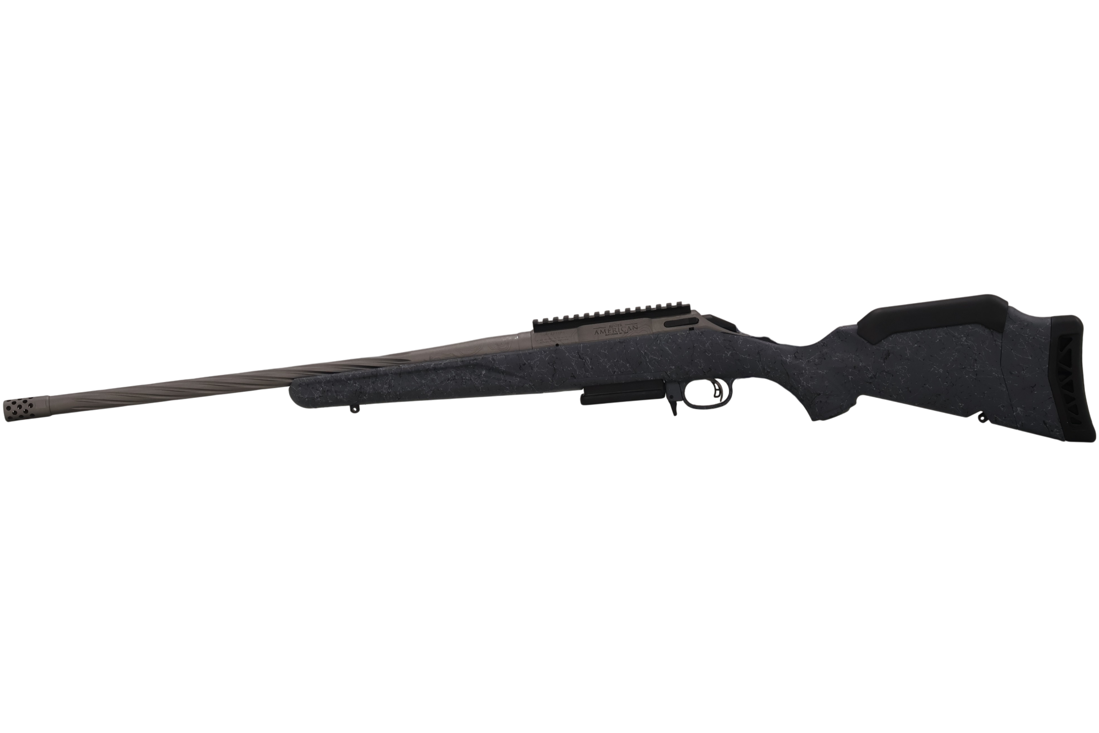 Ruger American G2 Wilderness Topo Rifle with 20-Inch Spiral Fluted Barrel in 7mm-08 Remington, Gray Splitter Stock - Taylor Customs