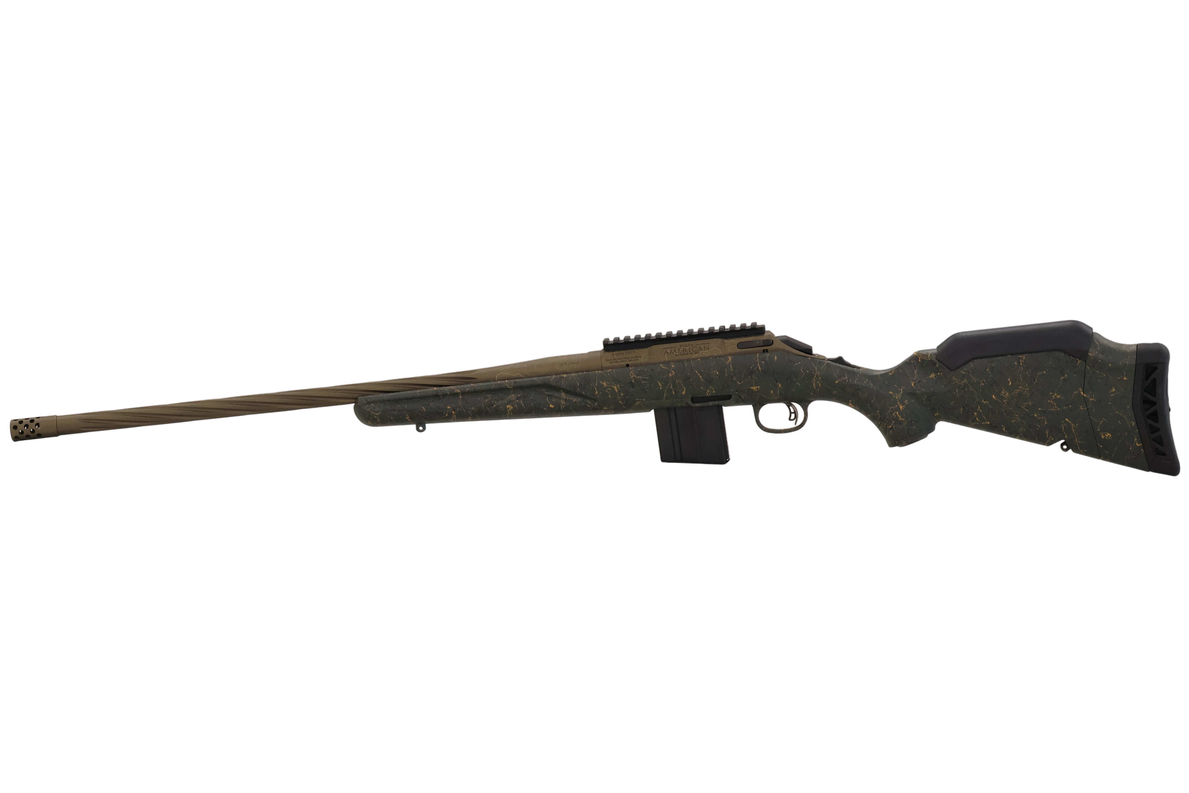Ruger American G2 Wilderness Topo Rifle in 6.5 Grendel with 22-Inch Spiral Barrel and Green Split Stock
