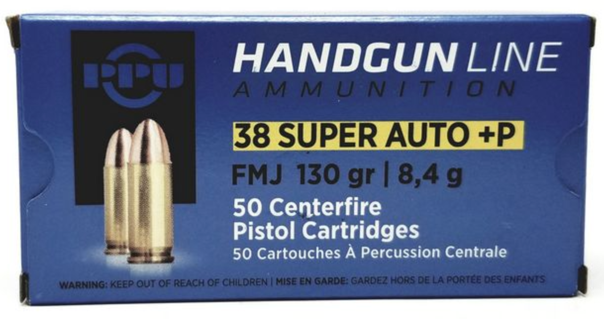PPU .38 Super Auto FMJ 130GR +P Ammunition, 50 Rounds per Box - PPU PPH38SU