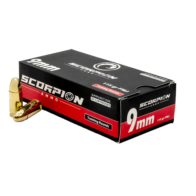 Scorpion Ammo 9mm 115 Grains FMJ Full Metal Jacketed Cartridges – 50 Rounds per Box, 20 Boxes per Case