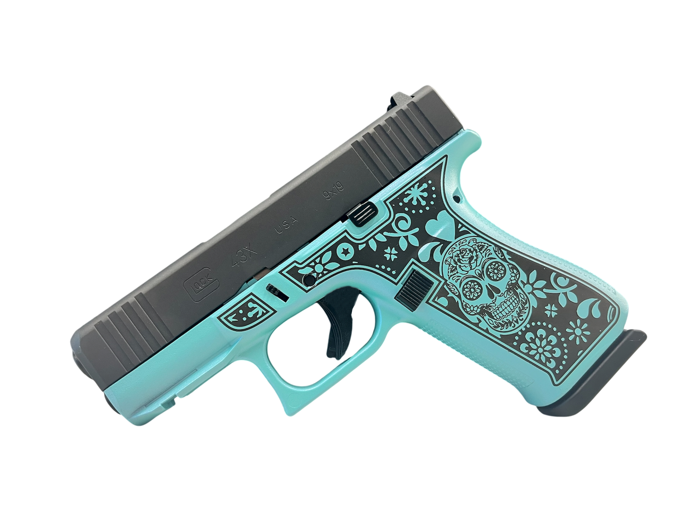 Glock G43X Teal Sugar Skull 9mm Pistol with 3.39-inch Fixed Barrel and Two 10-Round Magazines
