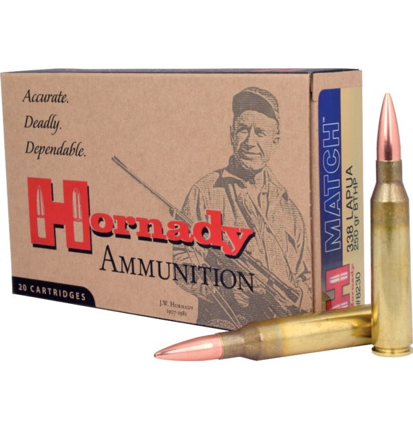 Hornady 338 Lapua Magnum 250 Grain Boat Tail Hollow Point Match Ammunition - Target Series, 20 Rounds per Box